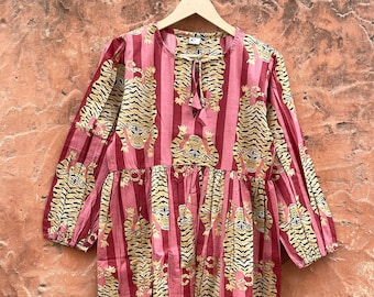 Women&#39;s Dress Gown, 100% Cotton Long Dress, Tiger Print Dressing Maxi, Hand-Block Printed Hippie Wrap, Summer Dress, Bohemian Outfits, DH-83