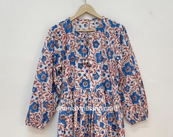 Deep V-Neck Blue Floral Cotton Midi Dress with Pocket - Hand Block Print Summer Wear Maxi Dress - Balloon Sleeve - Relaxed Fit