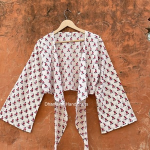 New Block Print Cotton Summer Long Sleeve Crop Top with Tie Front , Customizable Womens Garment , Handmade Bohemian Style Outfit , DH-27