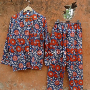 Baumwoll-Blumendruck Sommer Lange Pyjama-Sets, handgenähte Schlafanzüge, Damen-Nachtanzug, Brautjungfern-Pyjama-Anzug,