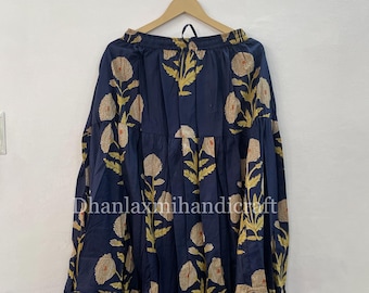 Navy Blue Floral Block Print Tiered Maxi Skirt, Boho Cotton Summer Skirt