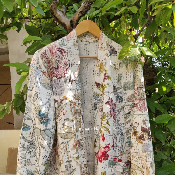 Flower Print Indian Kantha Jacket, Cotton Quilted Coat, Boho Hippie Style Hand Block Print Jacket, Handmade Kantha jacket KJ-2