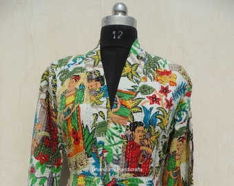 Frida Kahlo Print Indian Kantha Jacket, Cotton Quilted Coat, Boho Hippie Style Hand Block Print Jacket, Handmade Kantha jacket KJ-22