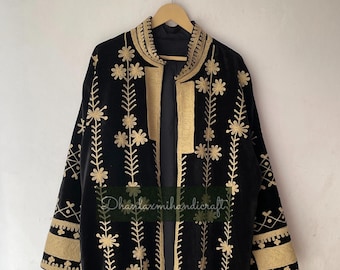 Cotton Velvet Hand-Embroidered Long Coat, Suzani Unisex Jacket, Kimono Style Coat, Party Wear Embroidered Overcoat, Velvet Fabric Coat .