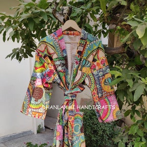 New Multi-colour Print Cotton Kantha Bath Robe, New Hand Stitch Kimono Style robe, Indian Dressing Gown Maxi Bridesmaid Kimono Robe K-22