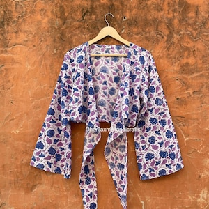 Indian Block Printed Cotton Crop Top, Handmade Party Wear Top, Bohemian Style Summer Dress, Women&#39;s Dress, Long Sleeve Top with Tie, DH-29