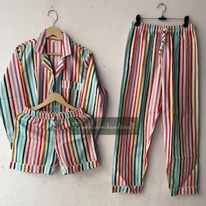 Cotton Multi-Color Striped Summer PJs, Cotton Boho Hippie Style 3 Piece PJ Set Women's Night Suit Pjs, 3 Pieces Pyjama Sets, Unisex Wear,