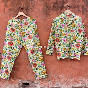 Bohemian Outfit, Indian Cotton Floral Screen Printing Pyjamas Sets, Handmade Summer Pyjamas, Night Suits, Cozy Wear, Women&#39;s Loungewear,