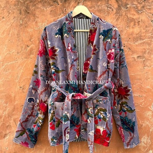 Indian Cotton Short Jackets, Vintage Velvet Jacket With belt, Floral Kimono Coat, Summer Bohemian Style Overcoat, Women,s Gifts Jacket KVJ-6