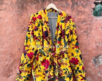Handmade Indian Velvet Kantha Jacket, Floral Bird Print, Bohemian Style Coat