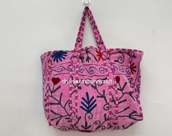 Velvet Embroidered Tote Bag | Boho Chic Quilted Shoulder Bag | Large Indian Handcrafted Travel Bag, Eco-Friendly Beach Bag Gift for Her