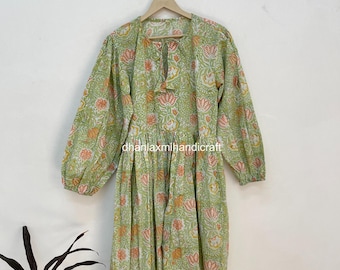 Hand Block Cotton Dress, Indian Floral Maxi Dress, Boho Summer Midi Dress, Long Puff Sleeve Tunic, Lightweight Lounge Gown, Gift for Her