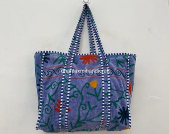 Indian Boho Handcrafted Shoulder Bag | Velvet Chic Quilted Tote Bag | Embroidered Travel Bag | Large Eco-Friendly Beach Bag Gift for Her