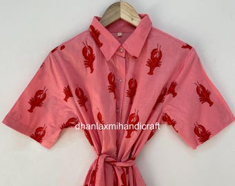 Women's Pink Lobster Print Cotton Midi Shirt Dress - Collar Neck Shot Sleeve Summer Wear