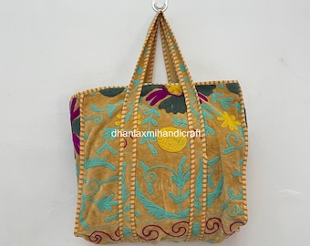 Embroidered Boho Chic Quilted Tote Bag | Velvet Shoulder Bag | Large Indian Handcrafted Travel Bag, Eco-Friendly Beach Bag Gift for Her