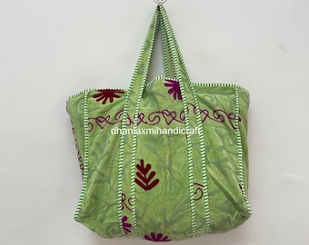 Indian Velvet Chic Quilted Tote Bag | Embroidered Travel Bag | Boho Handcrafted Shoulder Bag | Large Eco-Friendly Beach Bag Gift for Her