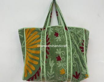 Embroidered Boho Shoulder Bag | Velvet Chic Quilted Tote Bag | Large Indian Handcrafted Travel Bag, Eco-Friendly Beach Bag Gift for Her