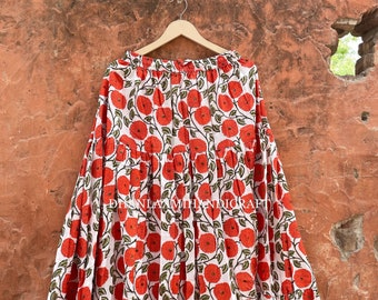 Indian 100% Cotton Causal Wear Skirt, Red Flowers Print Skirt, Vintage Summer Maxi Skirt, Long Elastic Waist Beach Skirt, Tulle Skirt CSP-32