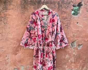 Indian Cotton Velvet Kimono Robe, Multi-Color Bird Floral Print, Reversible Gown