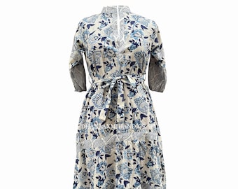 Indian Floral Block Print Dress, 100% Cotton Summer Long Maxi Dress, Bohemian Outfit Customizable Women's Comfortable Dress, DH-92