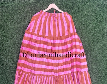 Falda larga a rayas rosas y naranjas, falda bohemia de algodón con volantes, falda larga con cintura elástica, falda estilo cottagecore para festivales, regalo para ella.