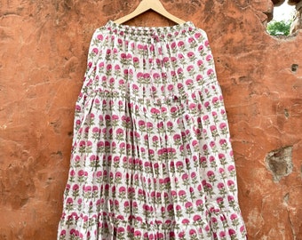 Black Friday Special Indian Block Printed Long Skirt, Pure Cotton Floral Print Skirt Dress, Boho Hippie Women&#39;s Maxi Skirt, CSP-19