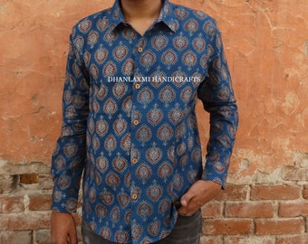 Indigo Shirt , 100% Cotton Ajrakh Print Shirt , Summer Fashion Printed Shirt , Unisex Loose Fitting Cotton Shirt,  Gift , CS-12