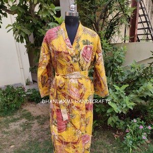 Hand Block Print Cotton Kantha Bath Robe, New Hand Stitch Robe, Kimono robe, Indian Dressing Gown Maxi, Bridesmaid Gown Kimono Robe