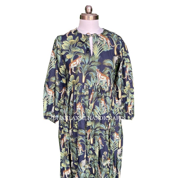 Animal Printed Cotton Dress, Indian Hand Stitched Long Dress, Midi Dressing Gown, Top Tunic Party Wear Dress, Gift Dress For Women's,