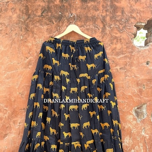 One Size Black Tiger Skirts, Indian 100% Cotton Long Skirt, Causal Wear Skirt, Block Printed Maxi Skirt, Women&#39;s Elastic Waist Skirt, CSP-37