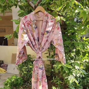 Quilted kantha kimono, cotton block print kimono robe, floral print kimono, unisex bathrobes, patchwork kimono, winter long jacket & belt.