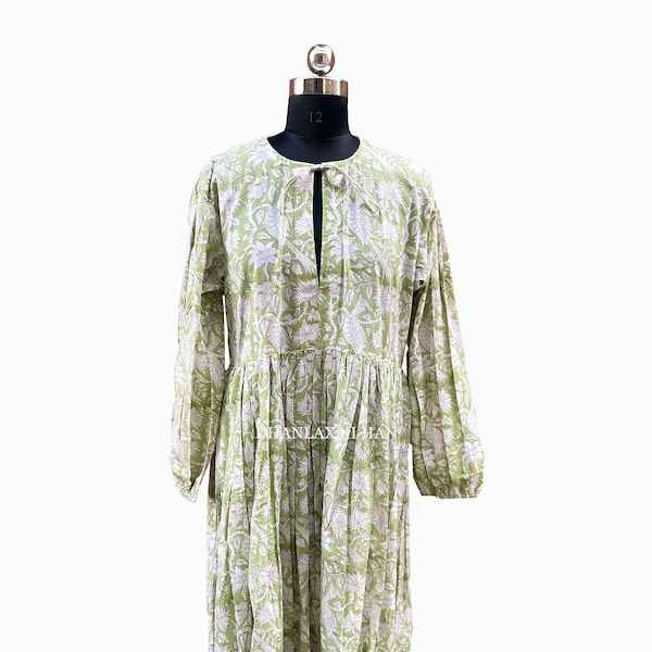 Neues Design-Sommer-Maxikleid aus Baumwolle mit Vogelblockdruck, handgefertigtes Boho-Outfit, anpassbares bequemes Damenkleidungsstück, Stil -02/DH-42