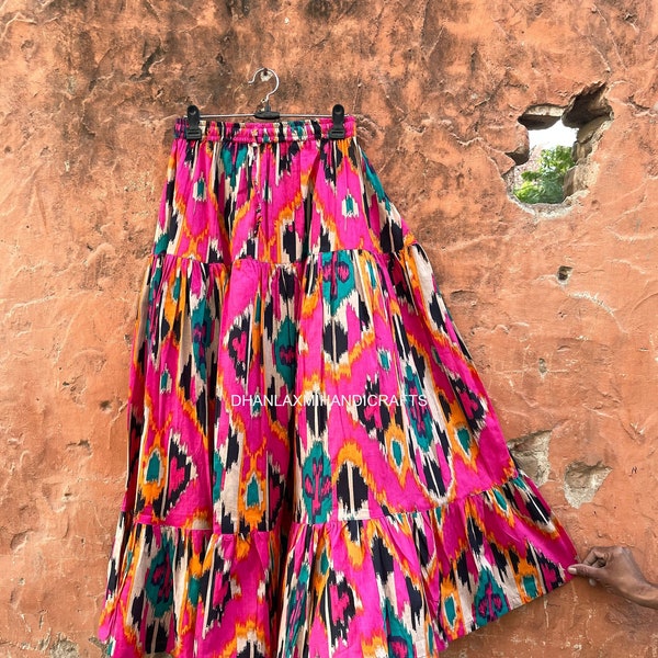 New Ikat Print Cotton Skirt, Pink Boho Maxi Skirt, Dress For Women , Handmade Gypsy Tiered Skirt, Cotton Summer Beach Skirt , Gift | CSP-02