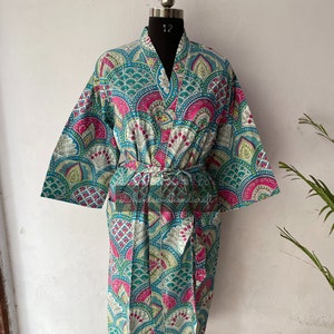 Handmade cotton Summer Kimono, Geometric Print Kimonos with belt, Beach Cover Up, Bathrobes for women's, Sleepwear robes,