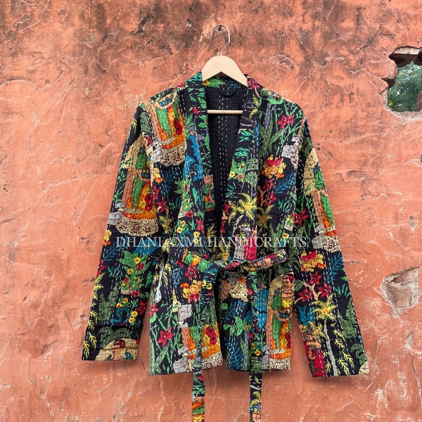 Frida Khalo Print Cotton Jacket With Belt, Indian Handmade Winter Jacket Coat, Quilted Kantha Jacket, Unisex Party Jacket, Overcoat, KJ-430