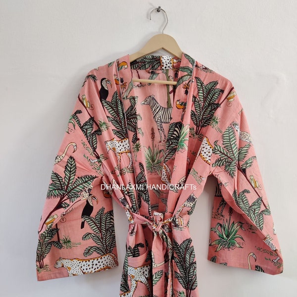 Cotton Jungle Print, Paradise Cotton Robe, Summer Beach Wear Kimono Style Dress, Maxi Bridemaid Dressing Gown- Christmas Gift, CK-208