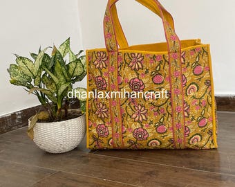 Summer Beach Bags Indian Handmade Cotton Quilted Shoulder Tote Bag, Flower Printed Bag Everyday Use