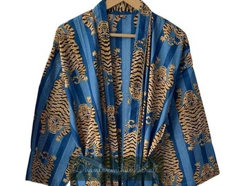 Cotton Kimono Robe: Tiger Print Striped Beach Cover-Up