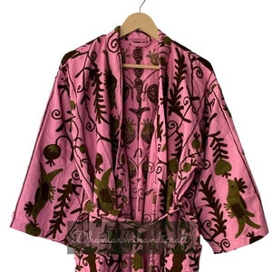 Handgeborduurde kimono met twee zakken, katoenen Suzani-badjas, badjas bruidsmeisje, badjas dames nachtkleding, boho hippiestijl, uniseks badjas,