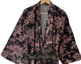 Floral Velvet Kimono Robe: Hand-Stitched Cotton Lining, Unisex Long Coat