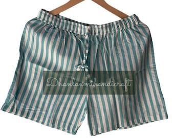 Teal Striped Cotton Pajama Shorts, Striped Lounge Shorts for Women, Mint Green Cute Summer PJs, Beach Loungewear, Packable Travel Sleepwear