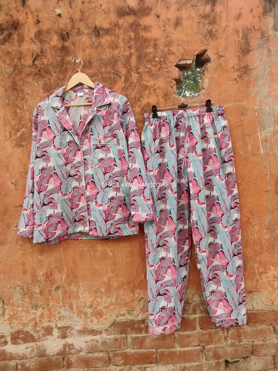 Banana Leaf Print Women s Long Pyjamas Set Indian 100 Cotton Loungewear PJ Sets for Bridesmaid Gifts for Her Night Cozy Wear PJ 5 Etsy Canada