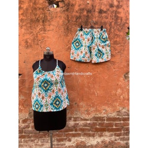 Indian Cotton Ikkat Print Camisole Sets, Summer Cami top and shorts, Cotton Top With Nikkar, Women,s Top with Straps, Sorority Gifts,