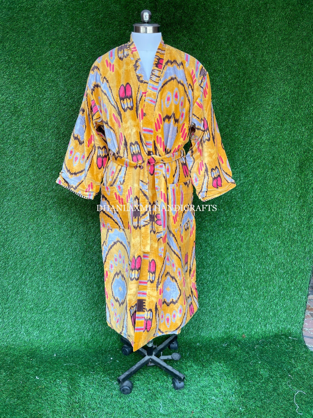 Indian Cotton Velvet Colorful Kimono, Reversible Kimono, Ikat Printed