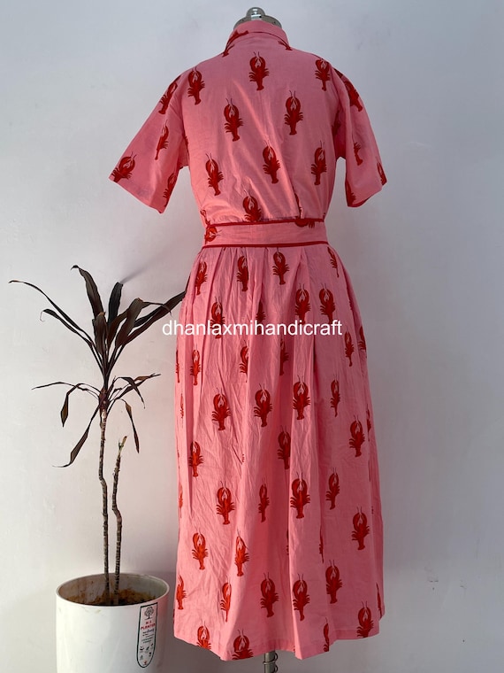 pink lobster dress Women's Pink Lobster Print Cotton Midi Shirt Dress - Collar Neck Short  Sleeve Summer Wear Outfit With Belt