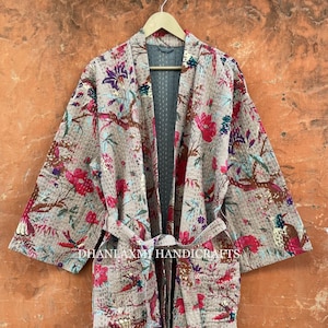 100% Cotton Kantha Kimono Robe, Hand Block Printed Bird, Free Size Maxi Dressing Gown