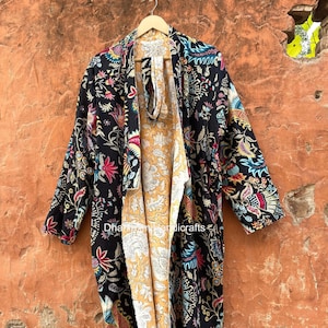 100% Cotton Reversible Robe with Belt, Floral Print Long Coat, Handmade Dressing Gown, Vintage Style Winter Coat, Summer & Nightwear, RCK-10