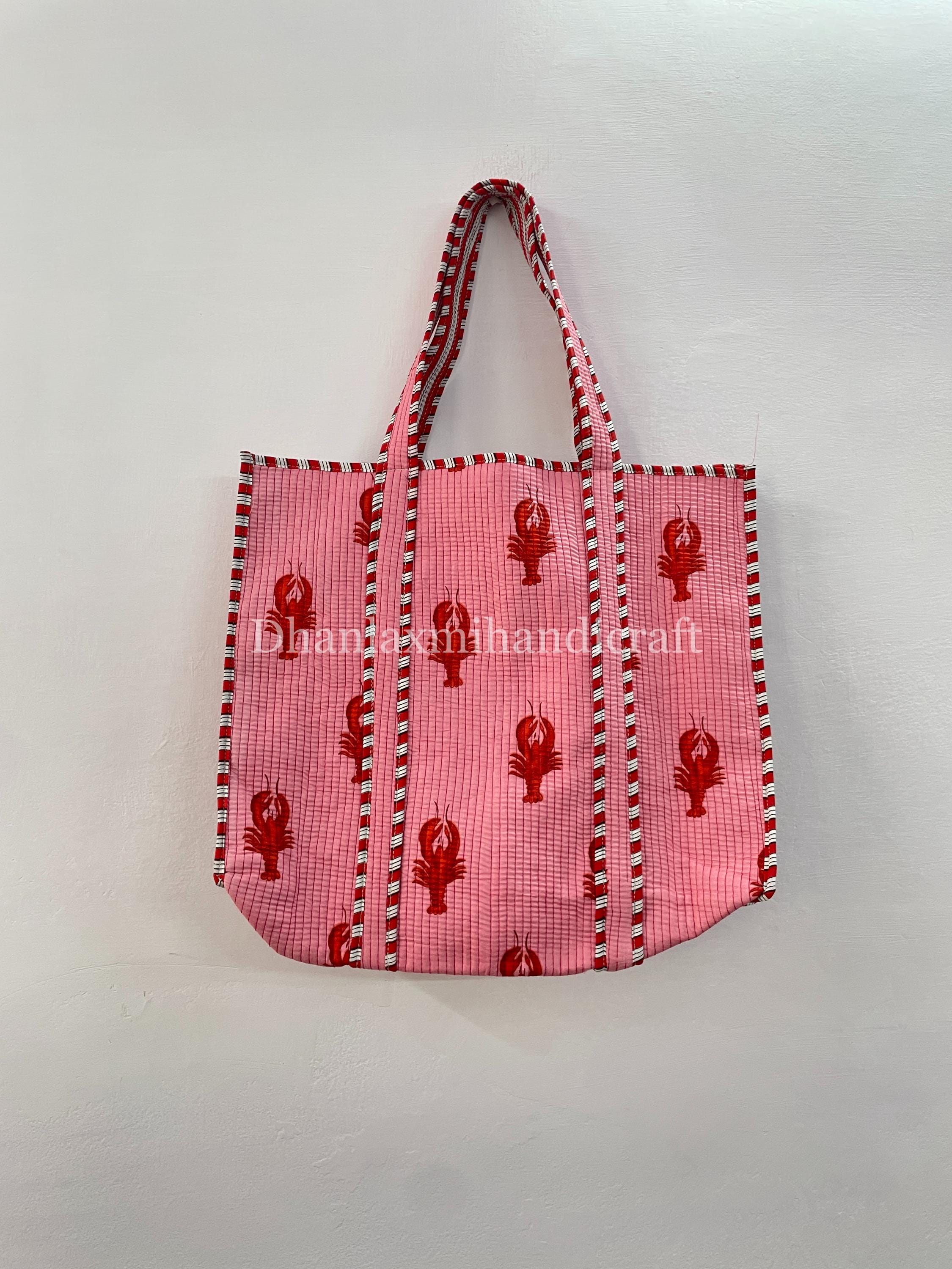 なおみママ様　cotton&steal fabric handmade bag Quilted Cotton Tote Bag, Pink Lobster Print, Large Travel Bag - Etsy