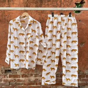 Animal Tiger Print Pajama Set , Women Night Wear , Cotton Shirt & Pajama Set , Bridesmaid Gift , Custom Mommy and Daughter Pajama Sets PJ-53