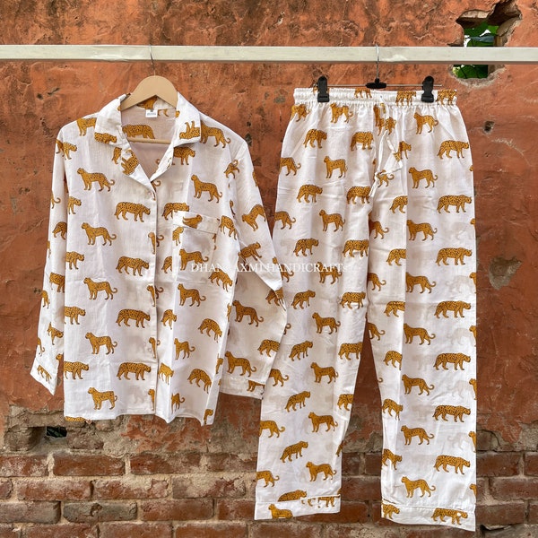 Conjunto de pijama con estampado de tigre animal, ropa de noche para mujer, camisa de algodón y conjunto de pijama, regalo de dama de honor, conjuntos de pijama personalizados para mamá e hija PJ-53